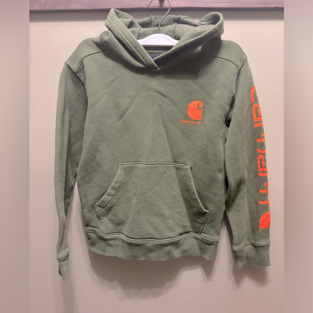 Carhartt Green Hoodie with Orange Logo, kids size small 8-10